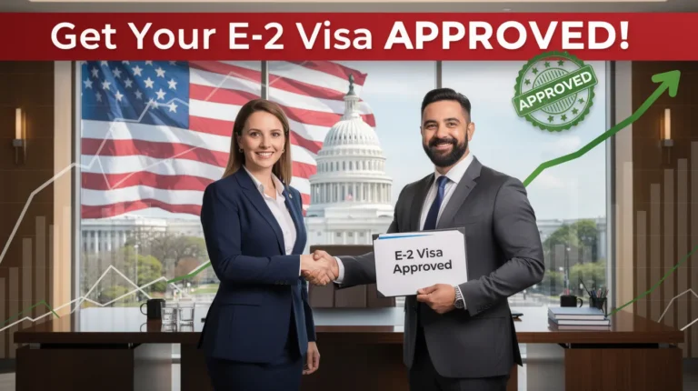 The image features a confident immigration lawyer in a navy suit, standing before the U.S. Capitol and an American flag, shaking hands with a successful business investor while holding a folder labeled "E-2 Visa Approved." Bold text reads "Get Your E-2 Visa APPROVED!" alongside a green approval stamp, symbolizing the successful immigration process for foreign nationals seeking an investor visa in the U.S.