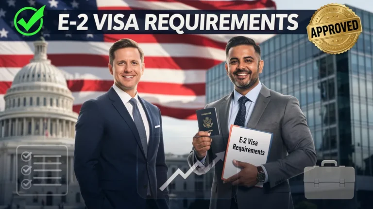 The image features a confident immigration attorney in a tailored navy suit standing beside a successful entrepreneur holding a U.S. passport and a folder labeled "E-2 Visa Requirements." In the backdrop, the U.S. Capitol and an American flag are visible, along with business icons and bold text emphasizing "E-2 VISA REQUIREMENTS," all designed to convey trust and the importance of understanding the E-2 investor visa process.