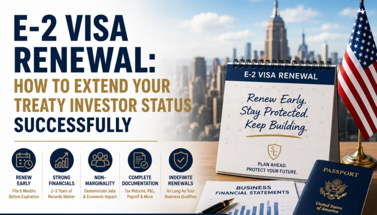 E-2 visa renewal guide infographic illustrating how to renew an E-2 treaty investor visa with business financial statements, passport, renewal timeline, documentation requirements, and U.S. immigration compliance.